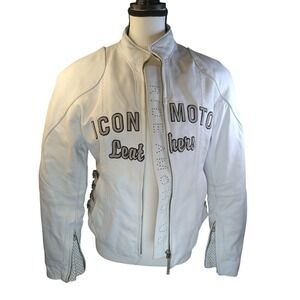 Icon Moto Leathers White Leather Motorcycle Biker Riding Jacket Buckle Side Sm